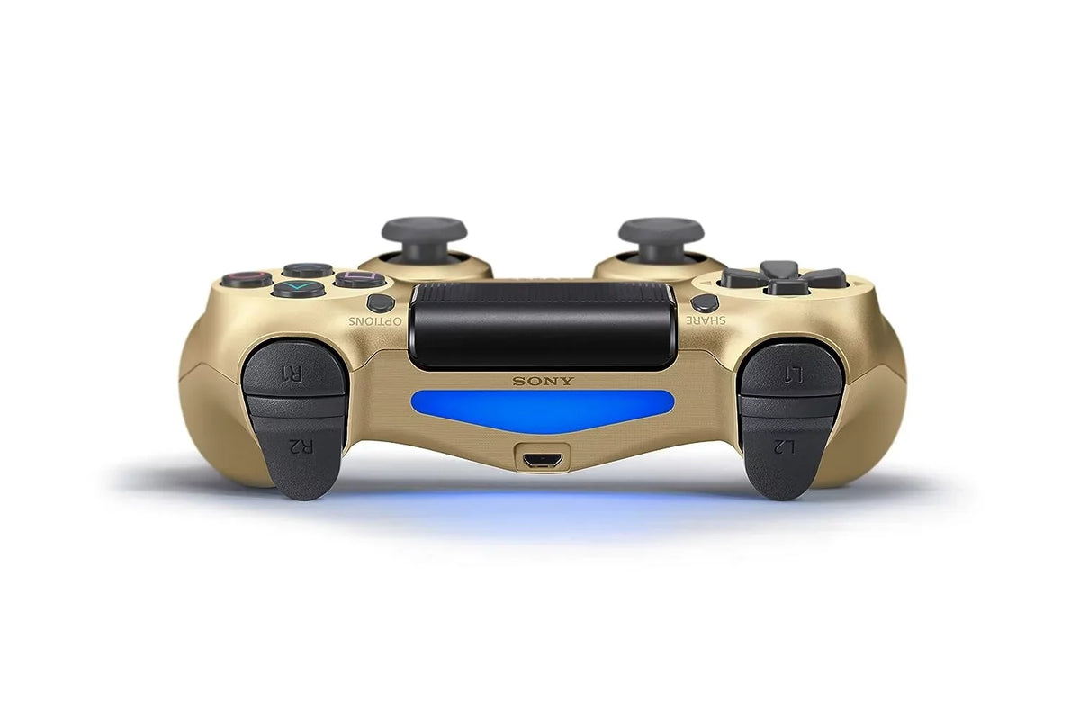Pre-Owned Dual Shock Gold Gaming Controller For PS4 Console + Wired Earbuds BOLT AXTION Bundle (Refurbished: Like New)