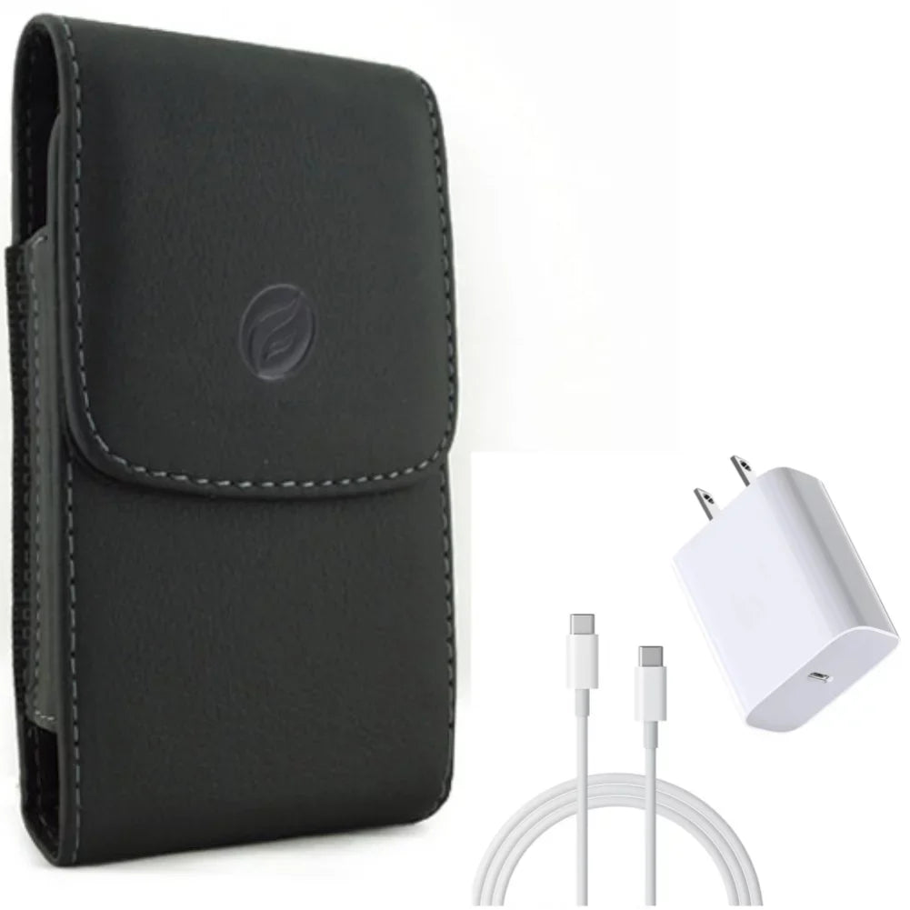 6ft USB-C Cable PD Type-C 18W Fast Home Charger w Holster Leather Case Belt Clip for Motorola Moto Z4 Z3 Play Z2 Play Force Z Force Droid, Revvlry Plus, G7 - OnePlus 6T, 6 - Razer Phone 2