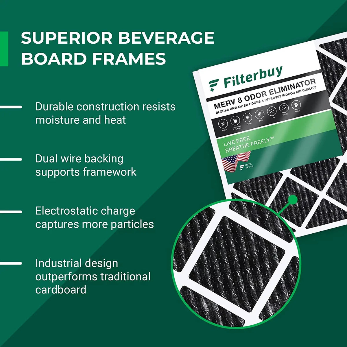 Filterbuy 16x20x1 MERV 8 Odor Eliminator Pleated HVAC AC Furnace Air Filters with Activated Carbon (3-Pack)