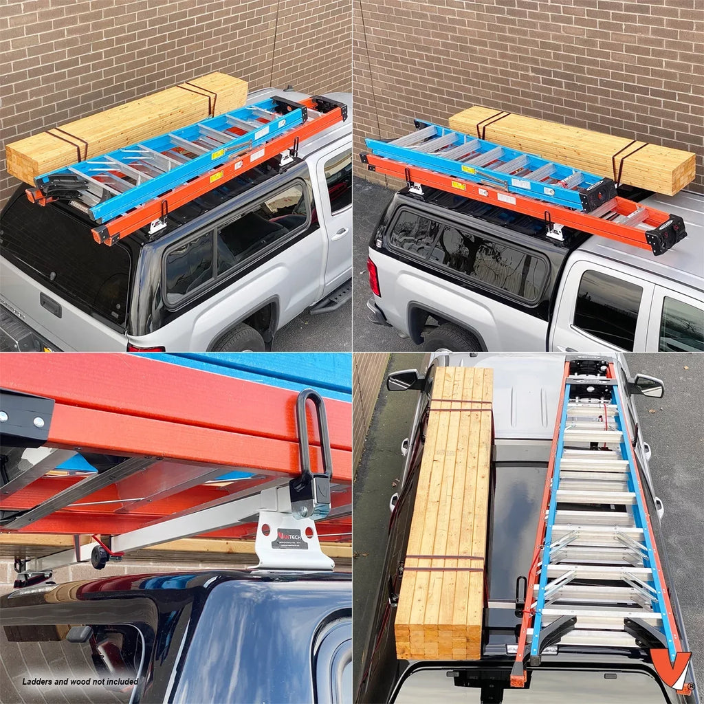 Vantech Heavy Duty 2 Bar Ladder Roof Rack Fits: Truck Toppers/Camper Shell (Black)