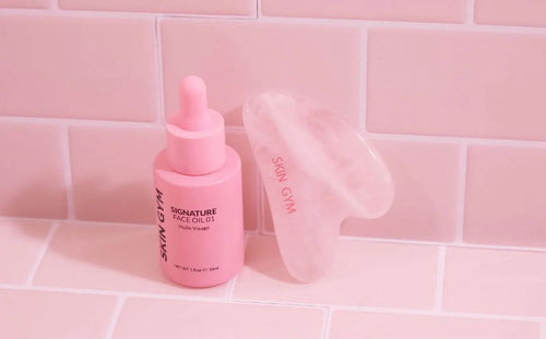 ($64 Value) Skin Gym Gua Sha Rose Quartz Workout Kit, Gua Sha + Signature Oil