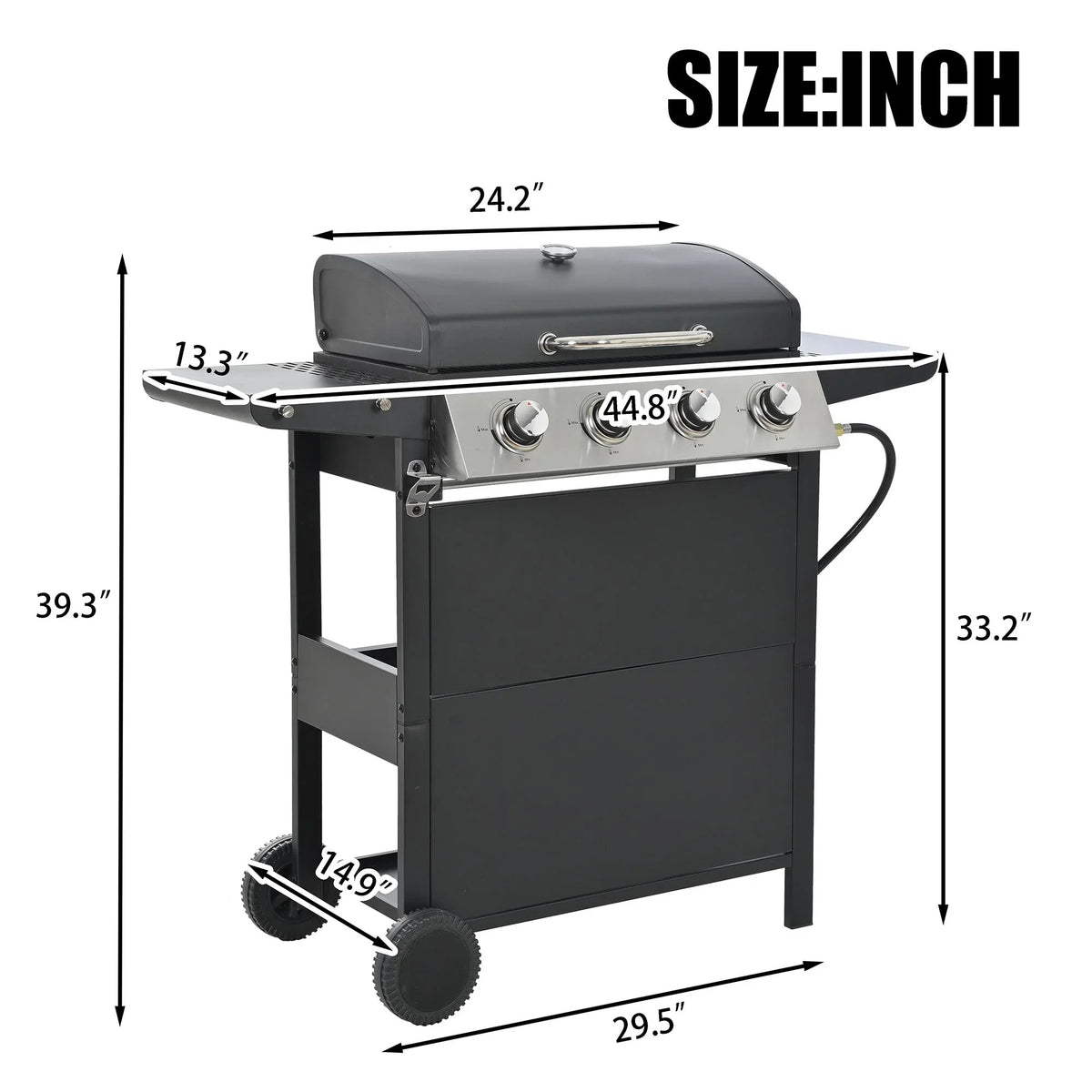 Stainless Steel BBQ Gas Grill 4-Burners Side Burner Thermometer Two Shelves Grilling Space Patio Garden Barbecue - Black