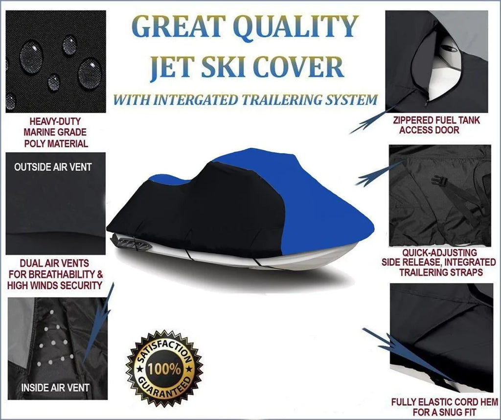 BLACK / BLUE HEAVY-DUTY, PWC 600D JET SKI Cover Compatible for Polaris Virage i 2002 2003 2004