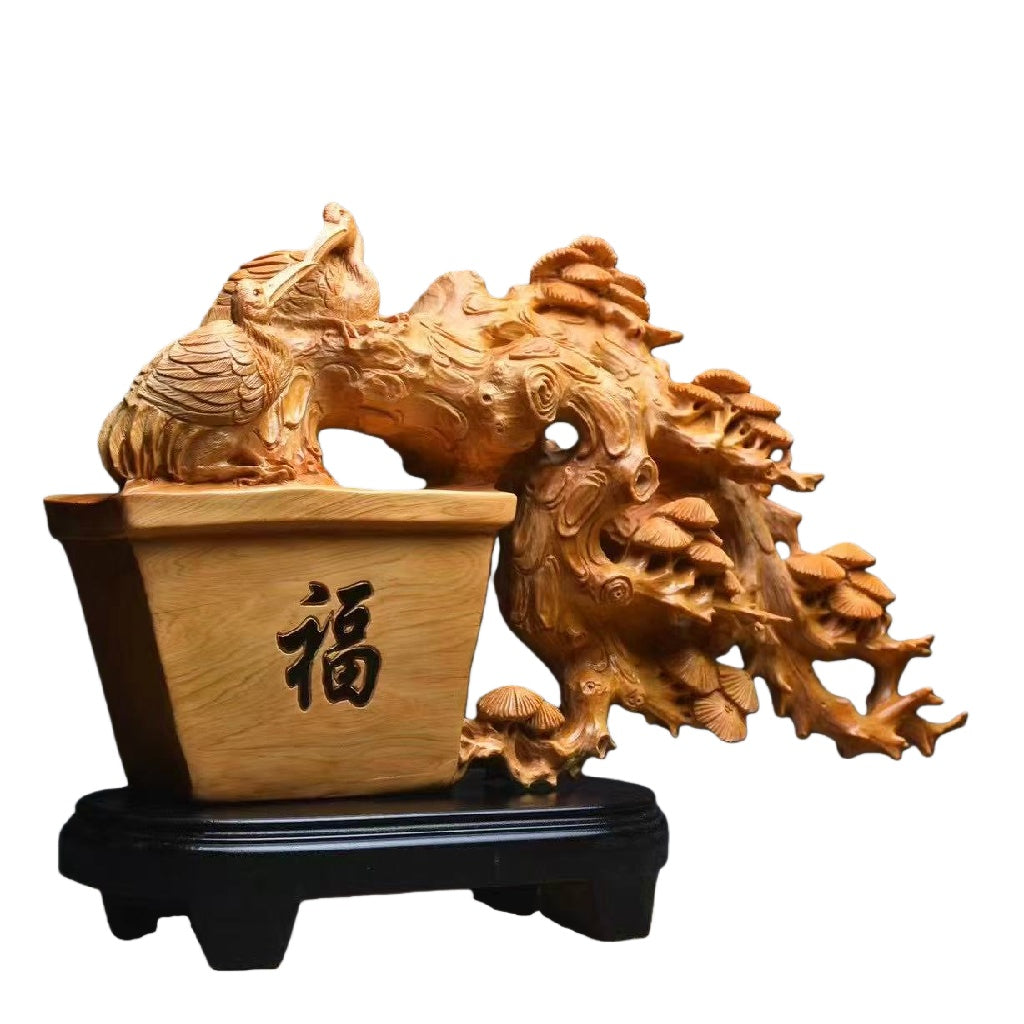 天然木 職人手彫り 木彫像「発財樹（はつざいじゅ）」- 室内装飾品