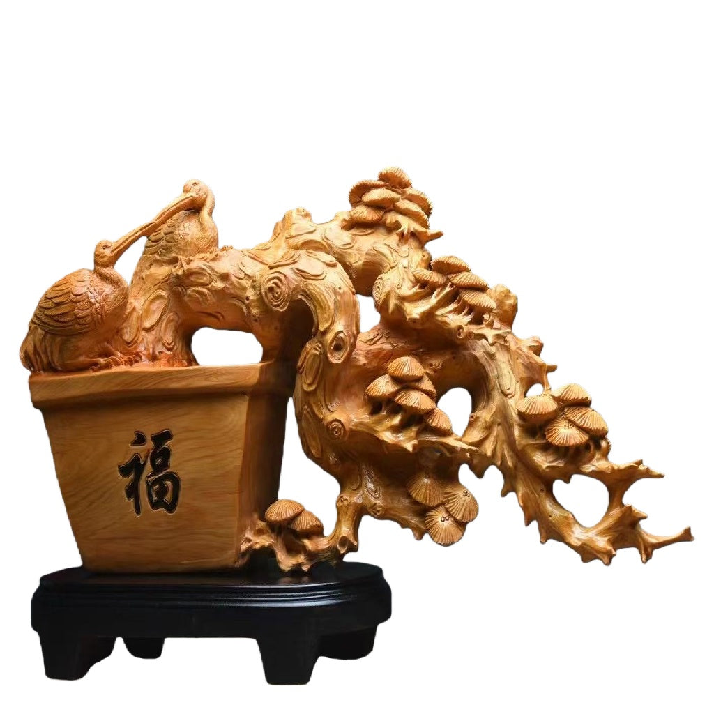 天然木 職人手彫り 木彫像「発財樹（はつざいじゅ）」- 室内装飾品