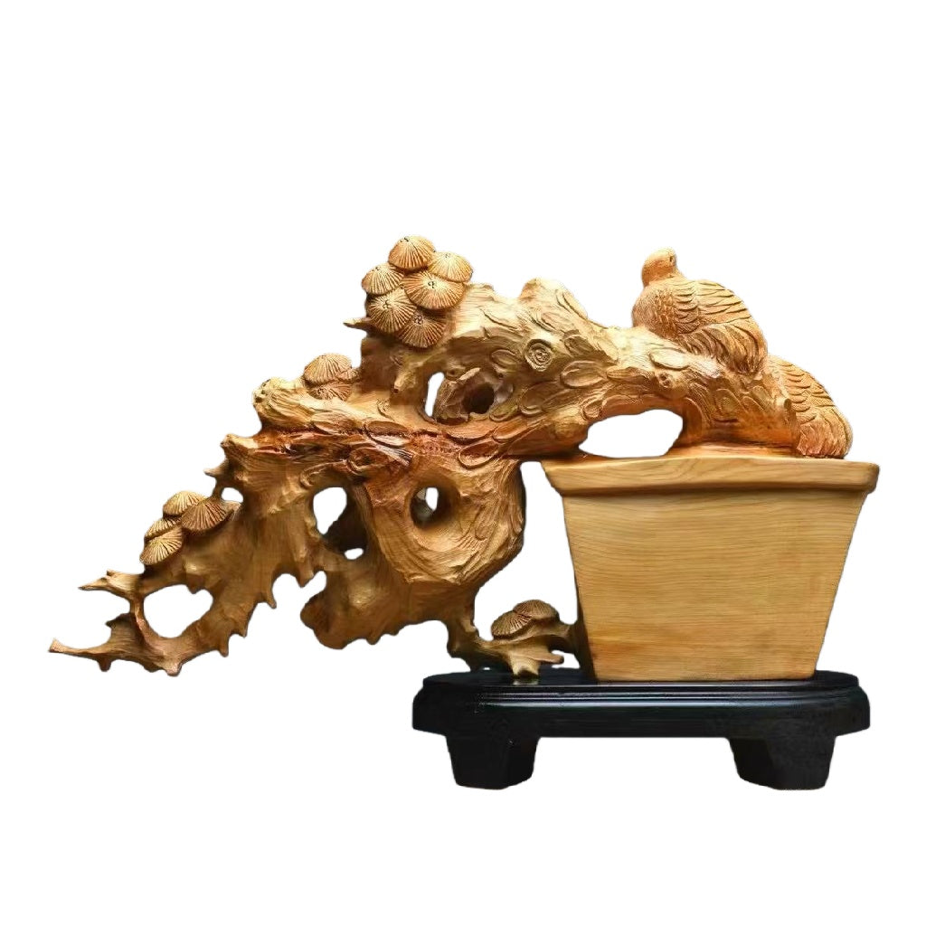 天然木 職人手彫り 木彫像「発財樹（はつざいじゅ）」- 室内装飾品