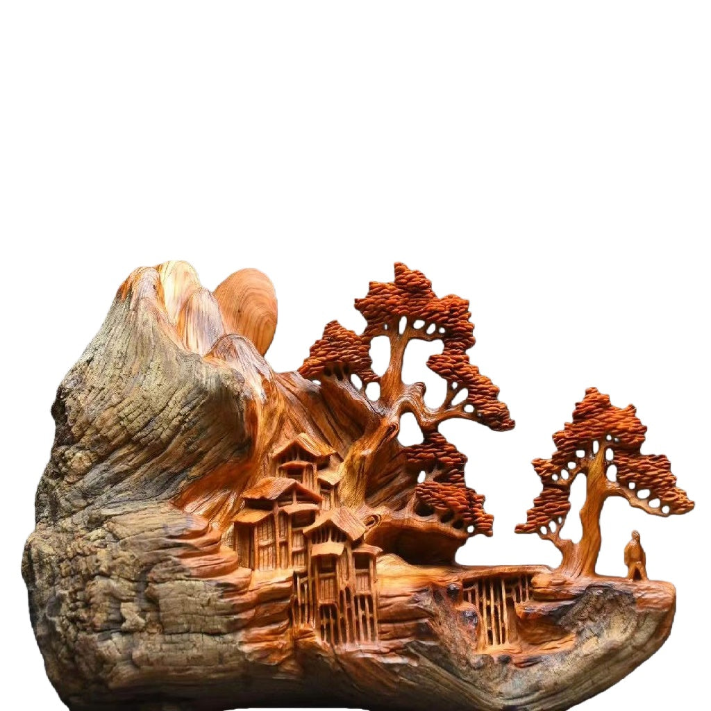 天然木 職人手彫り 木彫像「山水風景」- 室内装飾品