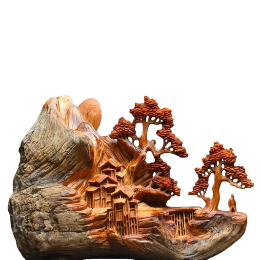 天然木 職人手彫り 木彫像「山水風景」- 室内装飾品