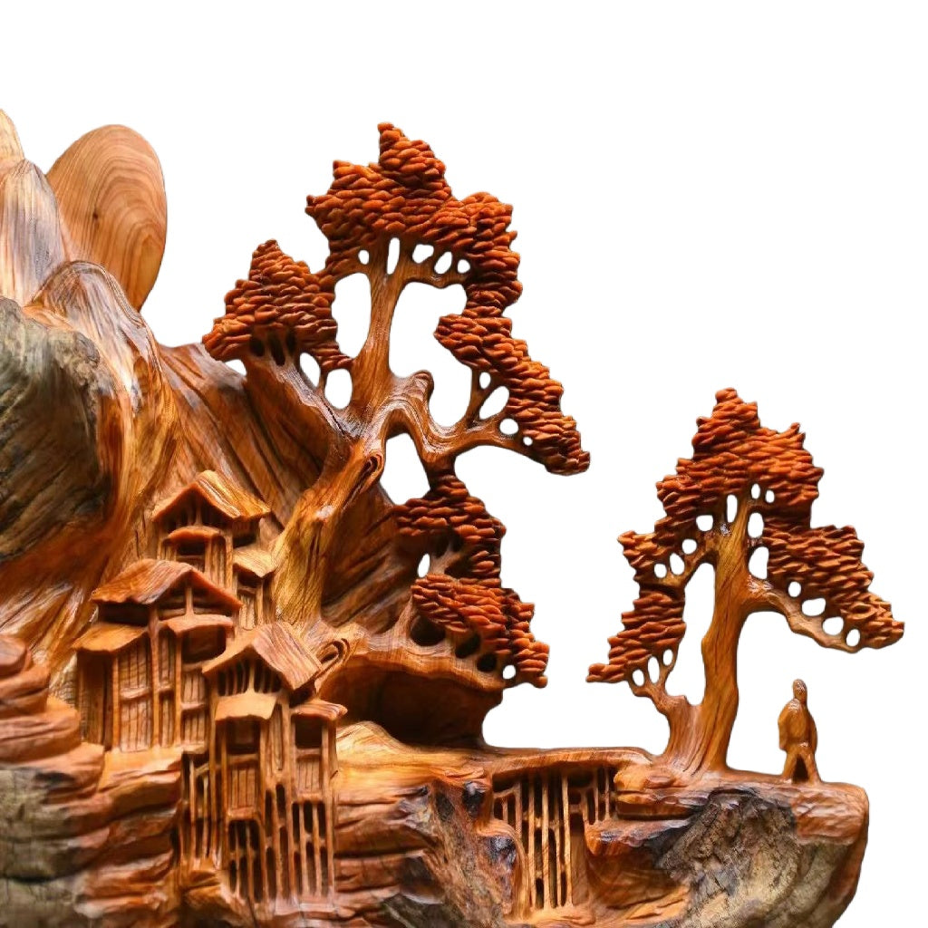 天然木 職人手彫り 木彫像「山水風景」- 室内装飾品