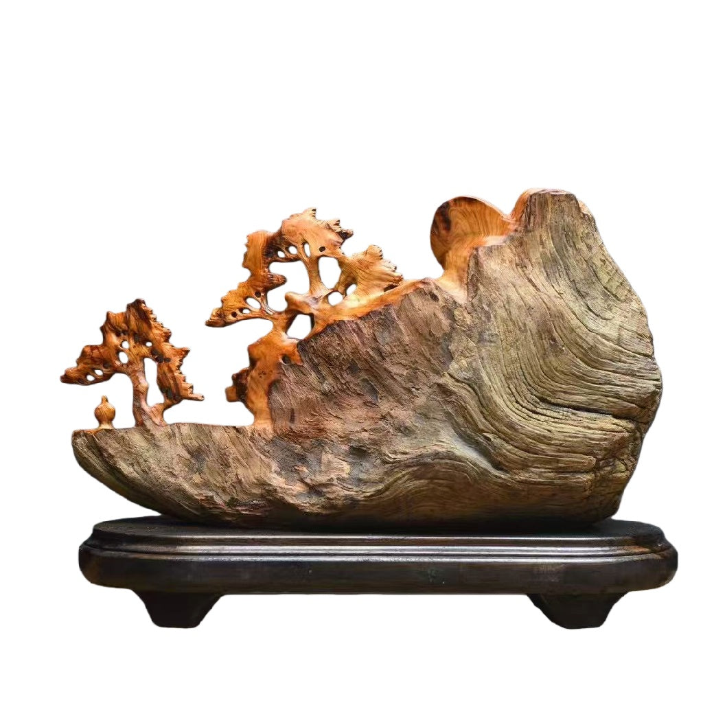 天然木 職人手彫り 木彫像「山水風景」- 室内装飾品