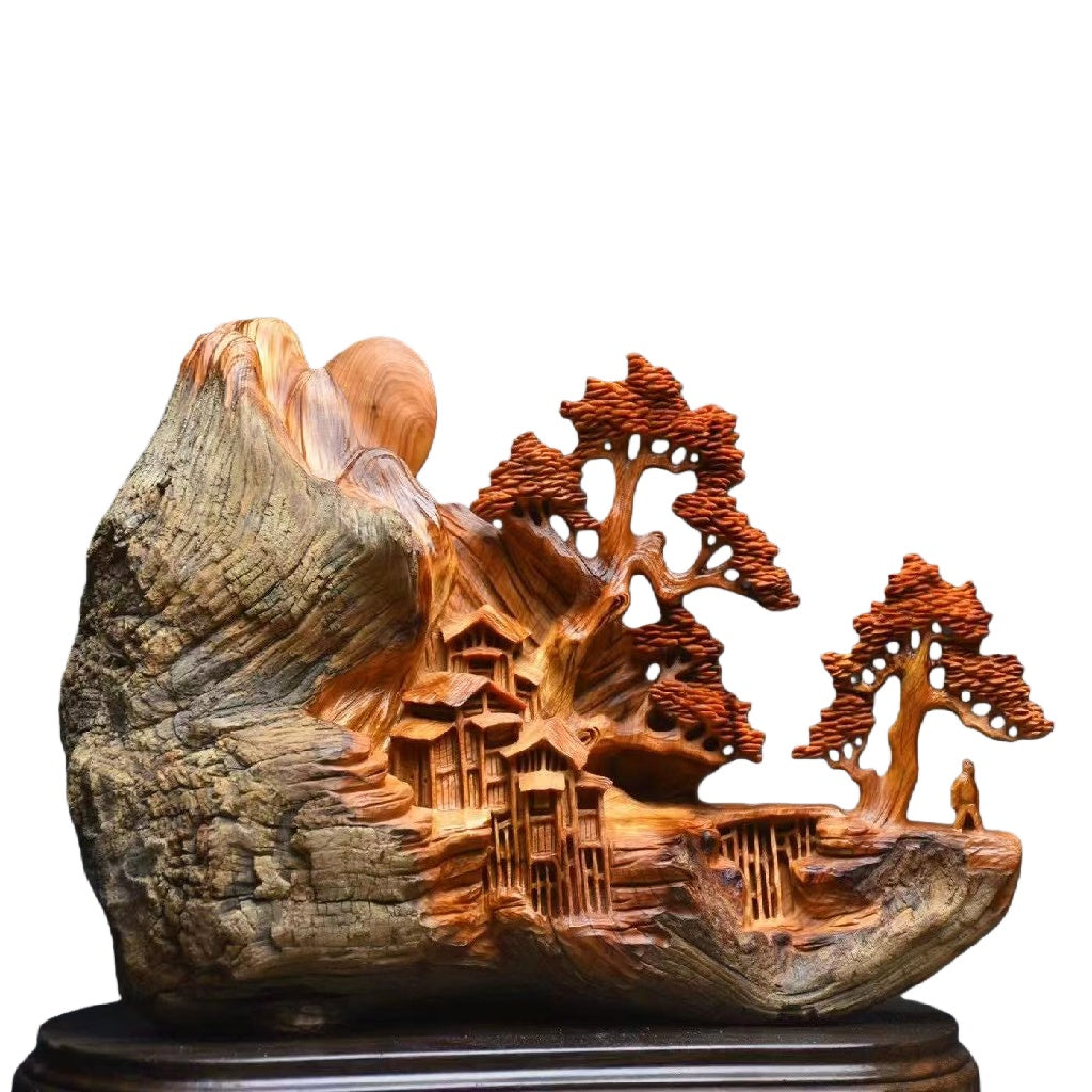 天然木 職人手彫り 木彫像「山水風景」- 室内装飾品