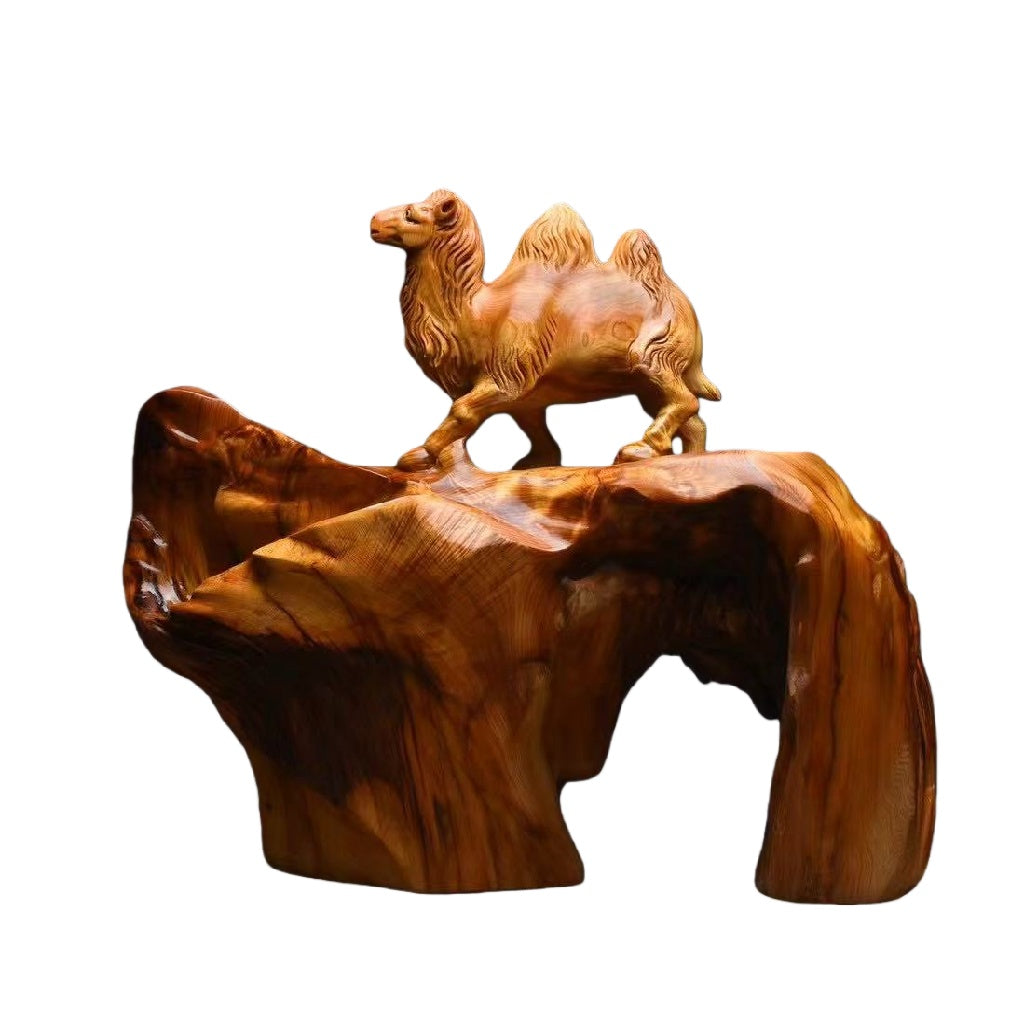 天然木 職人手彫り 木彫像「駱駝（らくだ）」- 室内装飾品