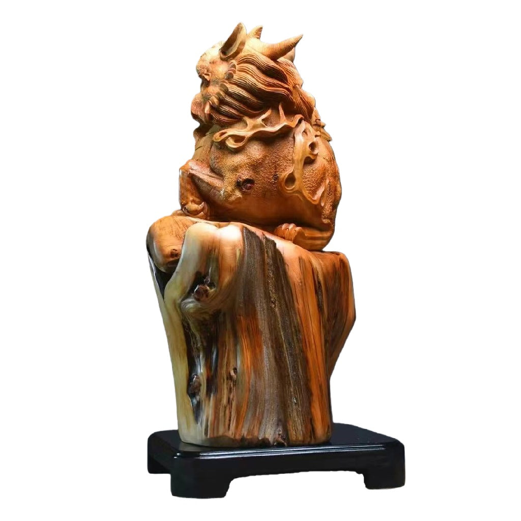 天然木 職人手彫り 木彫像「貔貅（ひきゅう）」- 大型室内装飾品