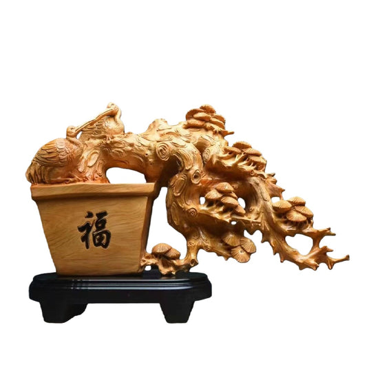 天然木 職人手彫り 木彫像「発財樹（はつざいじゅ）」- 室内装飾品