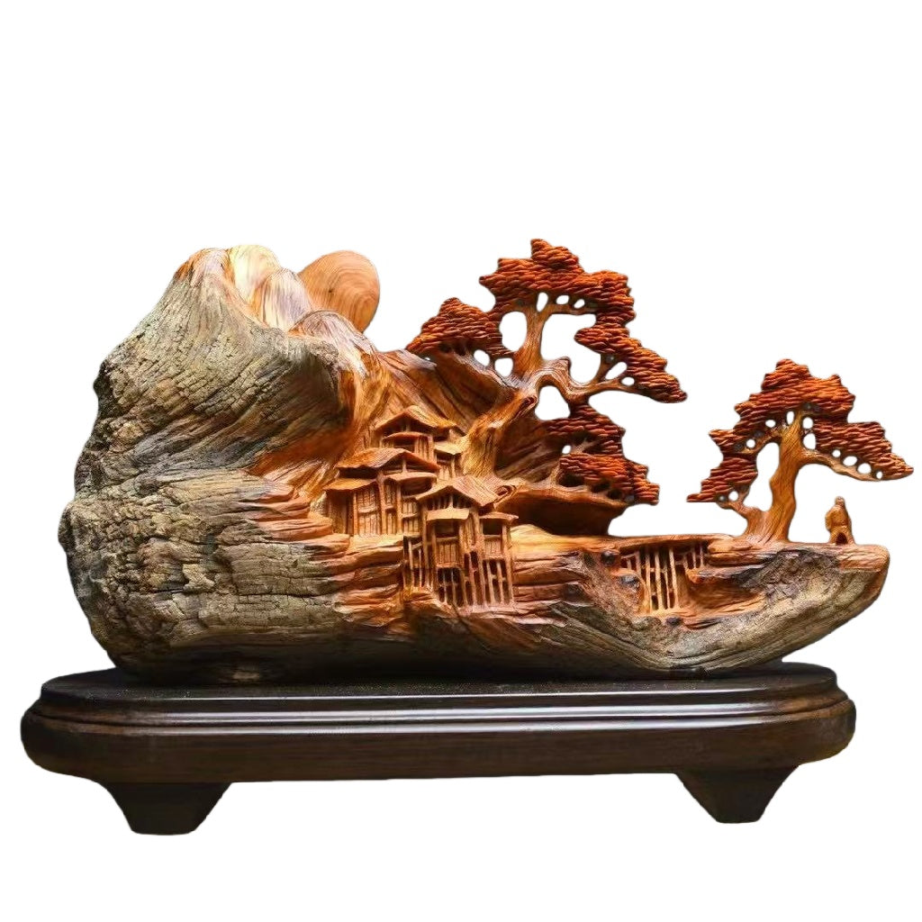 天然木 職人手彫り 木彫像「山水風景」- 室内装飾品