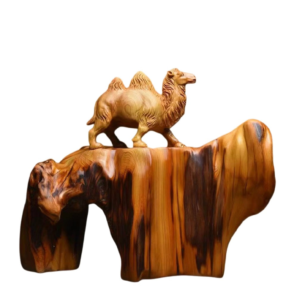 天然木 職人手彫り 木彫像「駱駝（らくだ）」- 室内装飾品